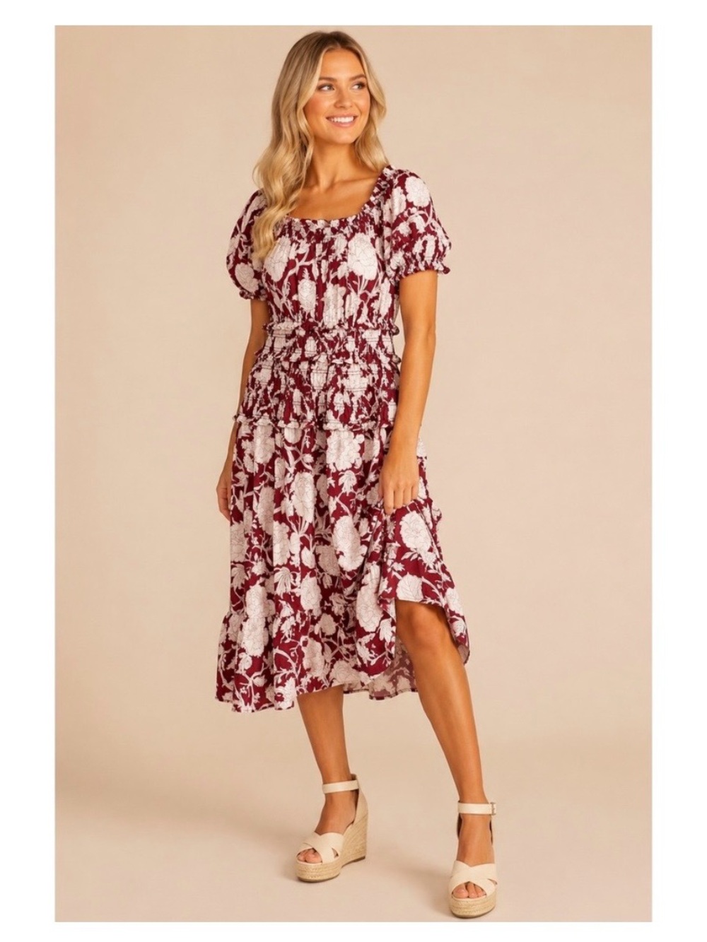 Time and Tru 100% cotton burgundy floral smocked midi dress S